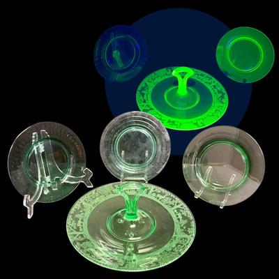 Deerwood Etched Uranium Glass Handled Tray & Green Depression Glass Plates