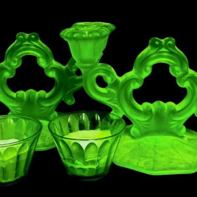 Uranium Glass Candelabras & Tea Lights