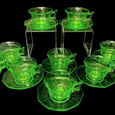 Cambridge Uranium Tea Cups And Saucers With Creamer And Sugar Bowl