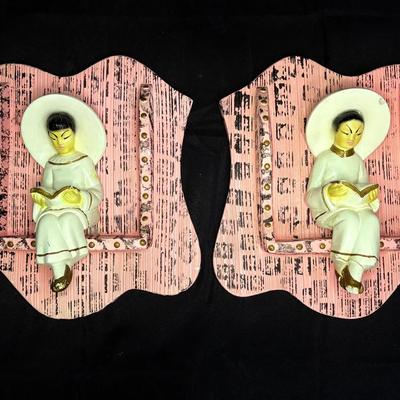 Matching Woman Reading On A Ledge Chalkware Wall Plaques