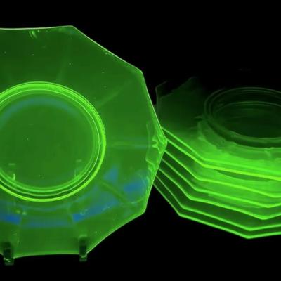 Eight 8.5” Uranium Glass Plates by Cambridge