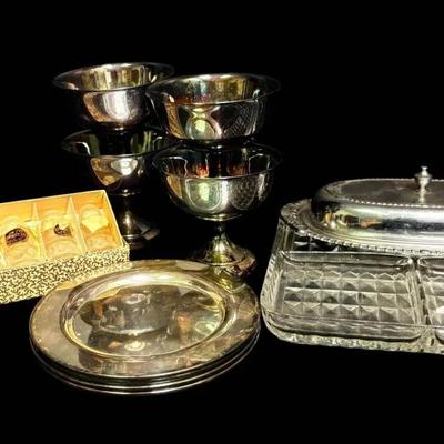 Silver Played Saucers, Bohemia Glass Shakers, & More