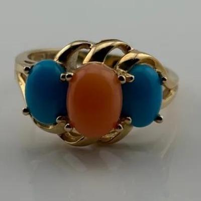 Pink Coral & Turquoise Oval Cabochon 14k Yellow Gold Ring