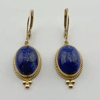 Oval Lapis Lazuli Cabochon 14k Yellow Gold Dangle Earrings