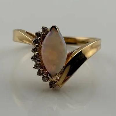Marquis Fire Opal & Natural Diamond 14k Yellow Gold Ring