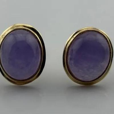 Oval Lavender Jadiete Cabochon 14k Yellow Gold Earrings