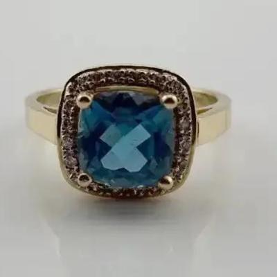 2.8 Carat Cushion Blue Topaz & Natural Diamond 14k Yellow Gold Ring