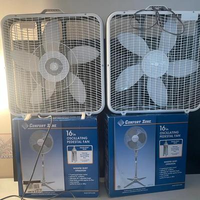 Two New In Box Comfort Zone 16inch Oscillating Pedestal Fans And Two Box Fans 