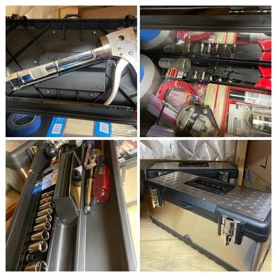 Two Voyager Stainless Steel Toolbox’s With Mystery Tool Lot Including Craftsman Mirror 