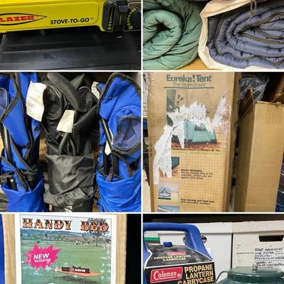 Instant Camp Site Unopened Tent Chairs Cot Sleeping Bags Stove Lamp Tarp Poncho Coleman Hillary