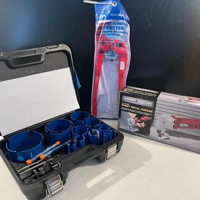 Hole Saw Kit, a Pipe/Poly Cutter, & Sheet Metal Shears