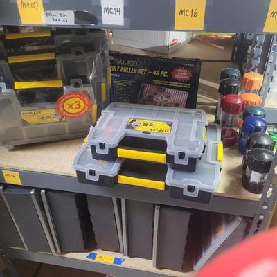 3 New & 2 Used Stanley Sortmaster Bins, Pittsburgh Bolt Puller, Clear Cans
