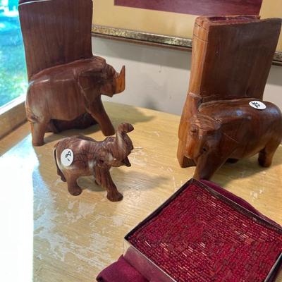 Carved solid wood elephant bookends 