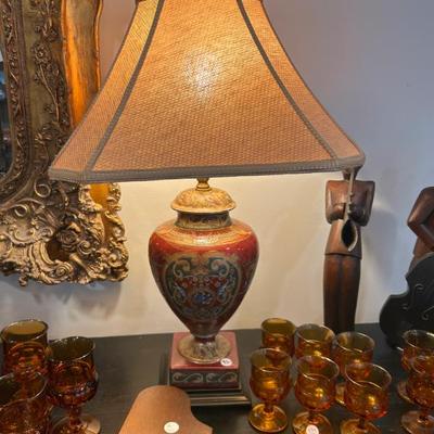 Pair of these Oriental Accents ceramic and brass lamps available. 