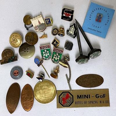 Assortment of Vintage Pins, Tie Tacs, Coins and More