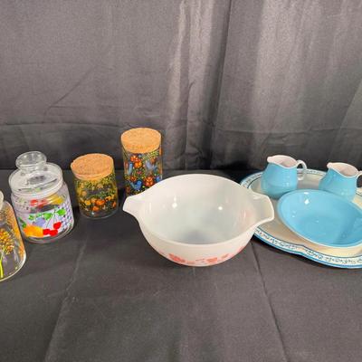 Pyrex 443 Mixing Bowl | Corning Friendship Canisters | Mikasa Cera-Stone Serving Pieces