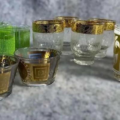 Vintage Barware Glass Lot | Georges Briard Green Tumblers & Gold Gilt Cocktail Glasses