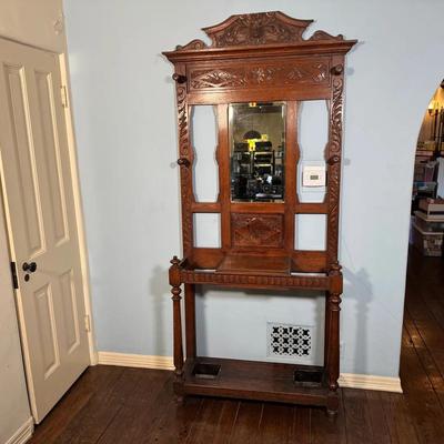 Antique-Style Carved Wood Hall Tree | Mirror, Ornate Victorian Revival Entry Stand