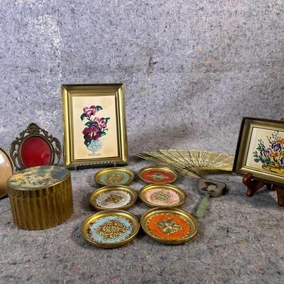 Vintage Decorative Accessories Lot | Jade Handled Mirror, Brass Frames, Folding Fan, Coasters & More