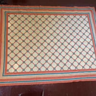 Hand-Crocheted Area Rug | Geometric Pattern, Signed “Stork,” Earth-Tone Handmade Textile