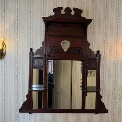 Antique-Style Carved Wood Wall Mirror | Ornate Victorian Revival Frame with Shelves