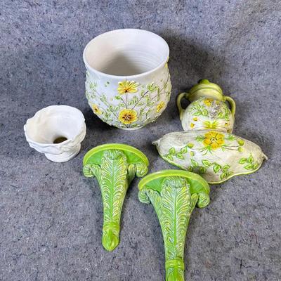 Vintage Floral Ceramic Wall Pocket & Decor Lot | Hand-Painted Green & Yellow Pottery