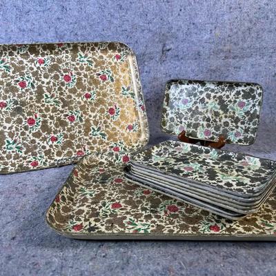 Vintage Japanese Floral Trays | Set of 10 | Rectangular Serving & Display Trays