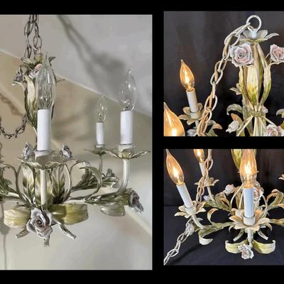 Floral Metal Chandelier – 5-Light Hand-Painted Roses & Leaf Motif with Chain