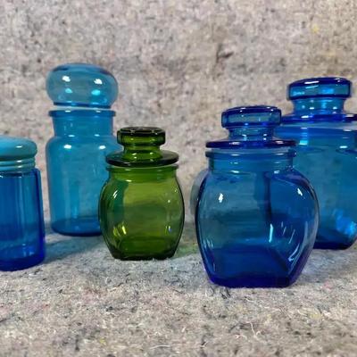 MCM Blue & Green Glass Jar Lot | Made in Japan & Belgium, Apothecary Style Storage