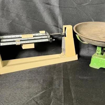 Vintage Scale Lot | Ohaus Triple Beam Balance & Green Cast Iron Kitchen Scale
