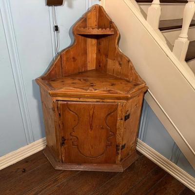 Rustic Wooden Corner Cabinet | Primitive Style, Handcrafted Storage with Upper Shelf