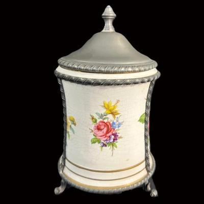 Lion-Pilter Floral Ceramic Lidded Jar with Pewter Mounts | Footed Decorative Canister