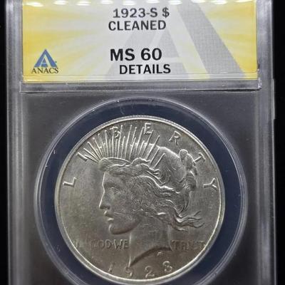 1923-S Peace, MS60 Details (Cleaned), ANACS