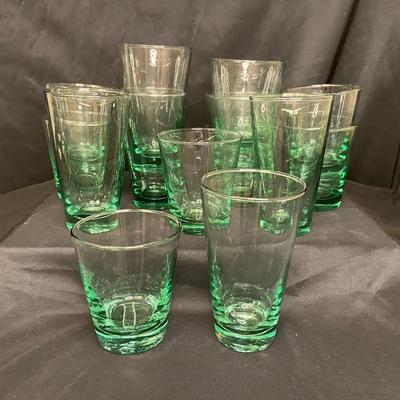 Set of 14 Tall and Medium Green Tint Drinking Glasses