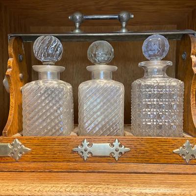 Antique English Tantalus With Three Cut Glass Decanters