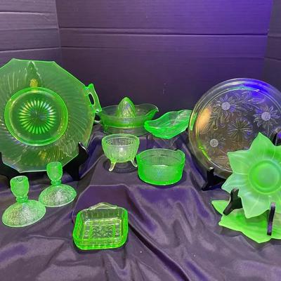 Uranium Glass 11 Piece Collection: Sunflower Plates, Candlesticks, Lemon Juicer, Butter Dish, & More