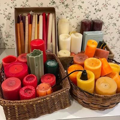 Colorful Mixture Of Taper, Pillar & Votive Candles With Snuffer