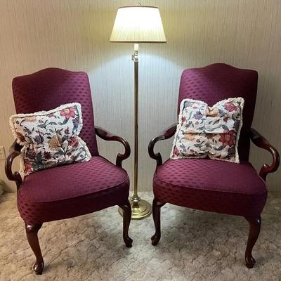 Pair Of Queen Anne Armed Sitting Chairs With Brass Floor Lamp