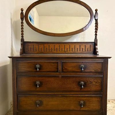 Antique 1920s Dark Tiger Oak Dresser With Oval Swivel Mirror And Barley Twist Details