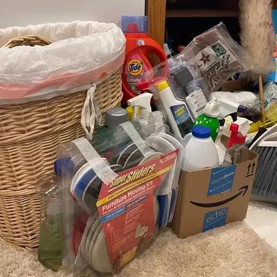 Cleaning And Laundry Chemical Lot With Hamper & Step Stool