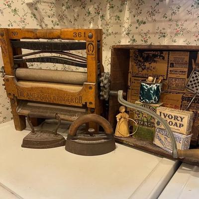 The American Wringer Co Vintage Water Board, Cast Iron Flat Irons & Decorative Laundry Supplies 
