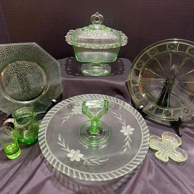 Green Glassware Collection: Serving Platter, Plates, Shot Glass, Pedestal Dish And More