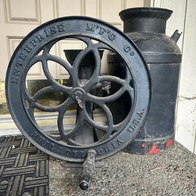 Antique Enterprise Grist Mill Coffee Grinder And Large Milk Jug