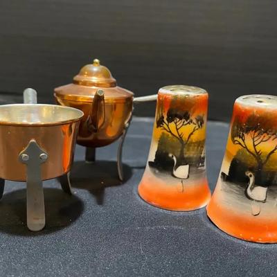 Vintage Miniature Copper Pot And Kettle With Sahara Themed Salt And Pepper Shakers