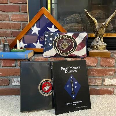 Framed Folded American Flag with Eagle Statuette and Marine Decor
