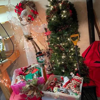 Large Christmas Lot Featuring 7' Tree, Outdoor Angel, & Five Mystery Bins of Lights & Decor