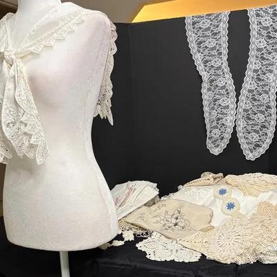 Vintage Handmade Lace, Doilies, Damask Tablecloth, Embroidery And More