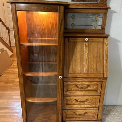 Pulaski Keepsakes Collection Oak Curio Cabinet With Folding Secretary Desk
