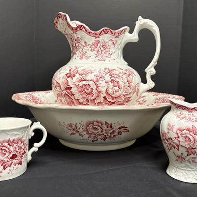 Antique Late 1800s - Early 1900s Stoke England Transferware Pitcher And Basin, Vase, And Cup 