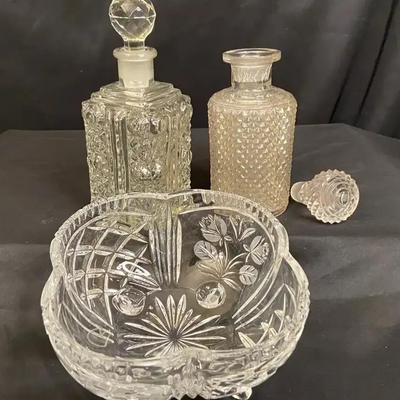 Two Glass Decanters with Crystal Candy Dish